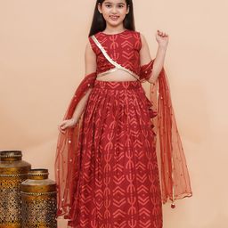 Piccolo Sleeveless Motif Printed & Lace Embellished Lehenga Choli With Dupatta Set - Red-image-86