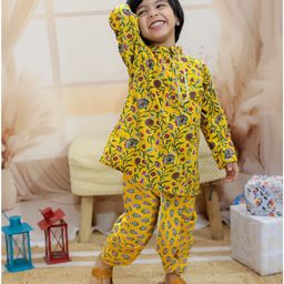 BownBee Full Sleeves Floral Printed & Gota Lace Embellished Kurta Dhoti Set - Yellow-picture-43