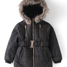 Yellow Apple Woven Full Sleeves Padded Hooded Solid Colour Jacket - Black-image-81