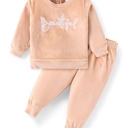 Babyhug Velour Woven Full Sleeves Winter Wear Suit With Text Embroidery - Peach-image-64