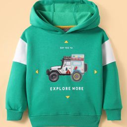 Little Kangaroos Fleece Knit FullSleeves Hooded Sweatshirt with Vehicle Print - Mint Green-picture-31