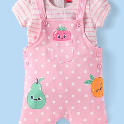 Babyhug Single Jersey Knit Half Sleeves Striped Top with Polka Dots & Fruit Printed Dungaree - Pink-image-89