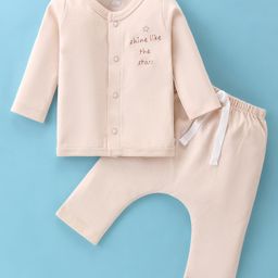 I Bears Interlock Knit Full Sleeves Night Suit With Text Embroidery - Beige-image-7