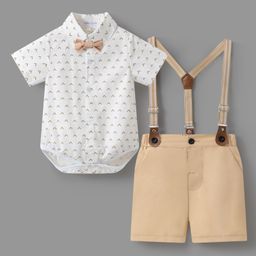 Mark & Mia Cotton Half Sleeves Printed Onesie & Shorts Set with Suspender & Bow Applique - White & Beige-image-11
