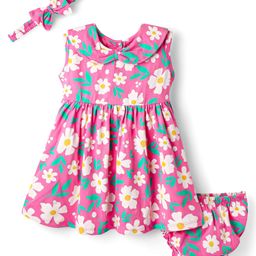 Babyhug Cotton Knit Sleeveless Floral Printed Frock with Bloomer & Headband - Pink-image-42