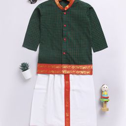 Vastramay Cotton Full Sleeves Checked & Paisley Printed Shirt & Mundu Set - Green-image-47