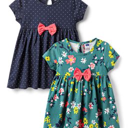 Simply Sinker Knit Half Sleeves Polka Dot & Floral Printed Frocks With Bow Applique Pack of 2 - Navy Blue & Green-image-22