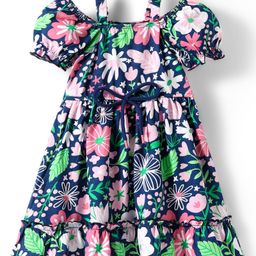Babyhug Cotton Knit Cold Shoulder Sleeves Frock With Floral Print & Bow Applique - Navy Blue-image-37