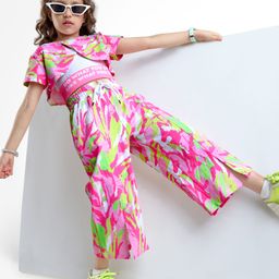 OLLINGTON ST. Cotton Knit Printed Co-ord set of Half Sleeves Top & Culottes with Inner Lycra Top With Abstract Print - Pink & White-image-91