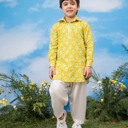 Vastramay Cotton Full Sleeves Floral Printed Pathani Style Kurta & Patiala Set - Yellow-image-79