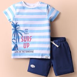 Ollypop Sinker Knit Half Sleeves Striped T-Shirt & Shorts Set with Beach Theme Print - Navy Blue-image-70
