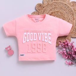 Biskid Cotton Half Sleeves Good Vibe Text Puff Printed Top - Coral-picture-5
