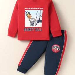 CUCUMBER Sinker Knit Full Sleeves T-Shirt & Lounge Pant Set With Basketball Print - Red & Navy Blue-image-72