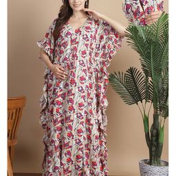 Secret Wish Rayon Woven Half Batwing Sleeves Floral Printed Maternity Kaftan Nighty With Side Seam Nursing Access - Beige-image-89