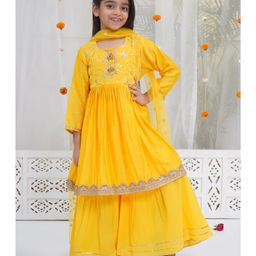 Little Bansi Silk Woven Three Fourth Sleeves Sequins Embellished Floral Designed Kurti Sharara With Dupatta Set - Haldi Yellow-image-29