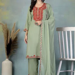 Clora Creation Floral Embroidered Thread Work Kurta with Trousers & Dupatta-26