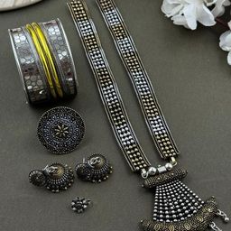 NAMAN ARTS Kia Dualtone Gold Plated Oxidised Jewellery Set-image-10