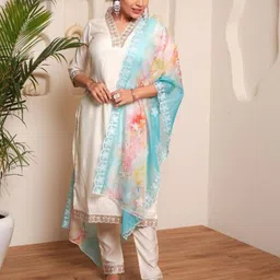 Foxent Women Solid Embroidered Cotton Kurta with Trousers & Dupatta-picture-45