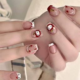 Nakhi 24 Reusable Artificial Fake Nail Set | Base Peach colour with Flat Tip With Squoval Multi Design Glossy Nails | Lightweight & Long Lasting | Quick Fix For Festivals & Special Occasions image 1