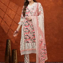 Berrylicious Floral Printed Pure Cotton V-Neck Straight Kurta With Trousers And Dupatta-picture-33
