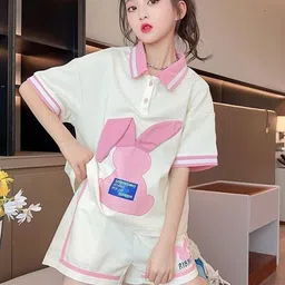 POP STREET KIDS Kids Bunny Ear Printed Polo Collar T-Shirt With Shorts-15