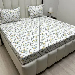 Pure Decor Amulya White & Mustard Floral Printed 260 TC Queen Bedsheet Set 2.28 m x 2.54 m-6