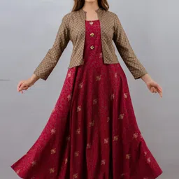 Jaipurite Ethnic Motifs Printed Sleeveless Anarkali Kurta With Jacket-image-11