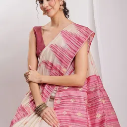 Janasya Women Beige Silk Blend Ikkat Woven Design Jacquard Saree with Blouse Piece-image-77