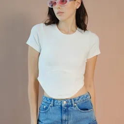 Virgio Women Cotton Round Neck Crop Solid Short Sleeves Tshirt-picture-15