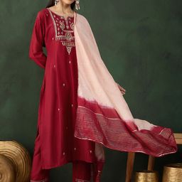 Sangria Embroidered Straight Kurta Trousers With Dupatta-picture-50