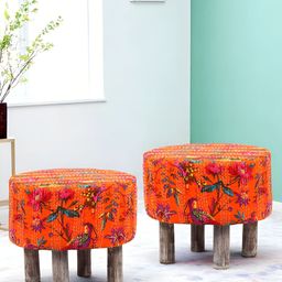 Ikiriya Pack Of 2 Orange-Coloured Printed Wooden Round Ottomans-image-58