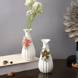 Myntra Elegant Homes White & Beige 2 Pieces Floral Textured Elegant Bloom Ceramic Vases-35