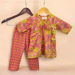 LITTLE GINNIE Girls Floral Printed Angrakha Pure Cotton Anarkali Kurti With Trousers-picture-17
