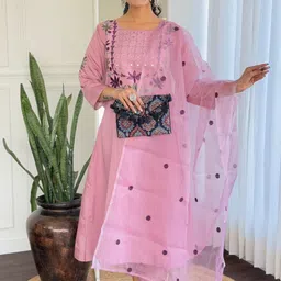 KALINI Women Floral Embroidered Patchwork Chanderi Silk Kurta with Trousers & Dupatta-17