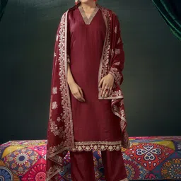 KALINI V-Neck Floral Embroidered Sequinned Straight Kurta with Palazzo & Dupatta-9