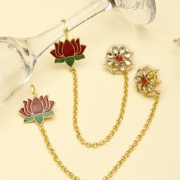 VIVAZS Gold-Plated Kundan Studded & Pearls Beaded Floral Shaped Enamelled Drop Earrings-13