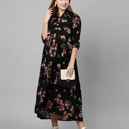 MomToBe Three Fourth Sleeves Flower Print Maternity Dress -  Black-image-75