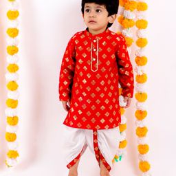 Little Bansi Full Sleeves Flower Motif Design Kurta With Dhoti- Red and Cream-image-99