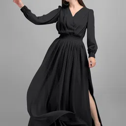 Jash Creation V-Neck Cuffed Sleeves Georgette Fit & Flare Maxi Dress With Slits-image-80