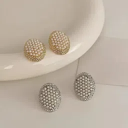 FIMBUL Set Of 2 Gold-Plated Pearls Beaded Oval Shaped Studs-image-81