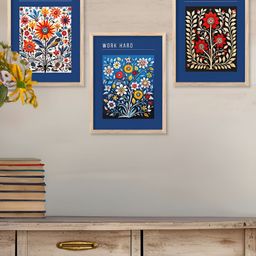 Kotart Brown & Blue 3 Pieces Floral Printed Wooden Wall Arts-picture-2