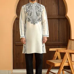 KRAFT INDIA LUXE Men Ethnic Motifs Embroidered Regular Chikankari Kurta with Trousers-picture-43