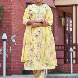 Moda Rapido Yellow Floral Printed Straight Kurta With Trousers & Dupatta-21