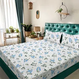 KLOTTHE White & Blue Floral Printed 300 TC King Bedsheet Set 2.50 x 2.25 m-image-71