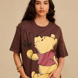 Kazo Women Winnie The Pooh Graphic Printed Round Neck Cotton Boxy T-shirt-image-58