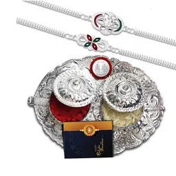 DeoDap Unisex Set of 2 Rakhis with Pooja Thali Roli Chawal Coin Greeting Card Gift Set-image-87