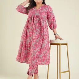 Janasya Women Floral Printed Regular Pure Cotton Kurta with Trousers-image-26