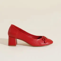 Peach Flores Leather Block Pumps with Bows image 2