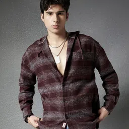 VOLTEDGE Men Classic Relaxed Fit Hood Horizontal Striped Cotton Casual Shirt-image-26