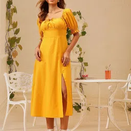 STREET 9 Puff Sleeves Pure Cotton Empire Midi Dress-image-57